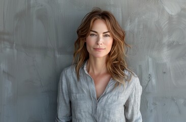 Fototapeta premium Woman in Gray Shirt Leaning Against Wall