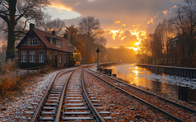 Fototapeta premium Railway tracks and small house in the autumn
