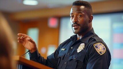 A police officer, stands behind a podium, delivering a speech during a presentation or briefing.