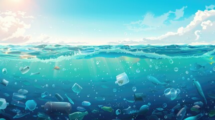 Obraz premium Earth day background with realistic illustration of the ocean with various plastic waste