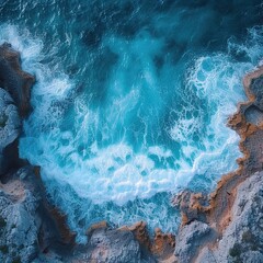 Aerial drone top view of ocean's beautiful waves crashing on the rocky island coast Please provide...