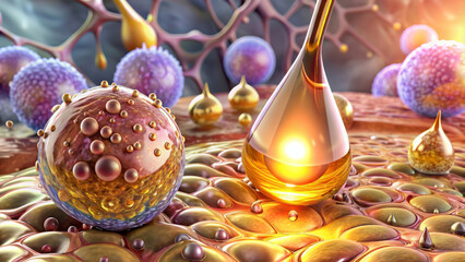 Illustration suggesting a cosmetic intervention.A vivid 3D scene depicts a gold droplet suspended above a textured surface surrounded by various abstract shapes resembling cells or particles.AI genera