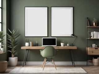 home office interior background, blank poster frame, mid-century modern style in loft, olive green...