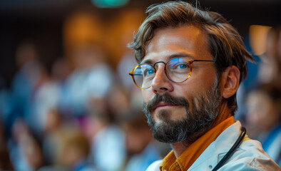 Portrait of young male doctor attending conference