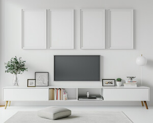 Contemporary white entertainment lounge with four frames over a brilliant white wall, a white media unit, and modernist white shelving.