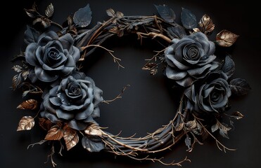 Obraz premium A Wreath of Black Roses on Dark Background