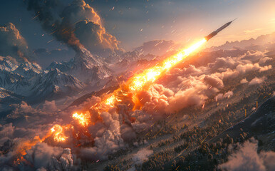 Fototapeta premium Meteor flies through the clouds. High-stakes moment as a salvo of rockets bursts from launchers
