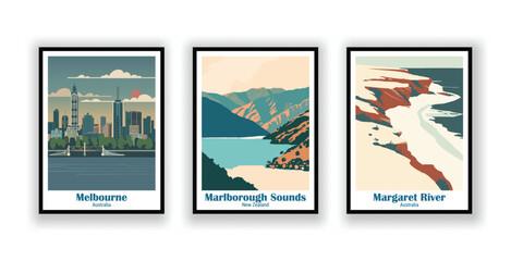 Marlborough Sounds, New Zealand, Margaret River, Australia, Melbourne, Australia - Vintage Travel Posters. Vector illustration. High Quality Prints