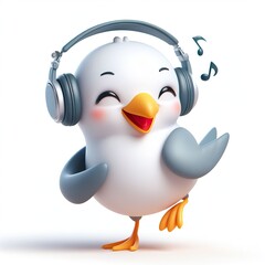 cute 3D funny cartoon seagull with small wireless headphone on head smiling and dancing, white background