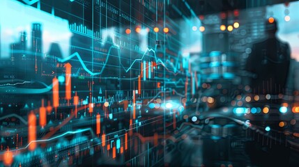 Obraz premium Double exposure of businessman analyzing financial charts and graphs for effective money management, budgeting, and investment strategies. Concept of business finance and data analytics.