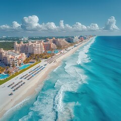 Aerial panoramic view of Cancun beach and city hotel zone in Mexico