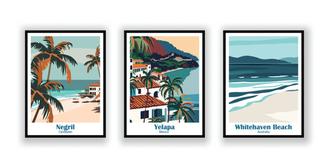 Whitehaven Beach, Australia, Yelapa, Mexico, Negril, Caribbean - Vintage Travel Posters. Vector illustration. High Quality Prints