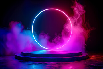 Abstract dark blue cylinder pedestal podium. Sci-fi abstract room concept with glowing neon curve lighting line.