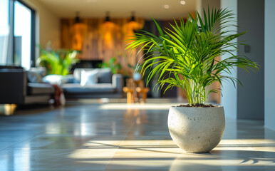 Potted plant in the living room and sofa in background
