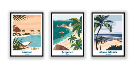 Abaco Islands, Bahamas, Acapulco, Mexico, Akumal, Mexico - Vintage Travel Posters. Vector illustration. High Quality Prints