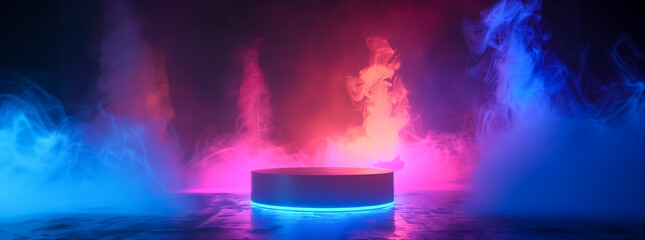 Abstract dark blue cylinder pedestal podium. Sci-fi abstract room concept with glowing neon curve lighting line.