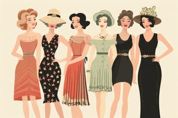 A group of women in elegant dresses and stylish hats. Perfect for fashion or event concepts
