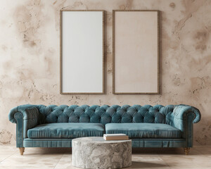 Dual blank frames, warm beige wall, teal tufted sofa, minimalist stone table; ultra-realistic 3D.