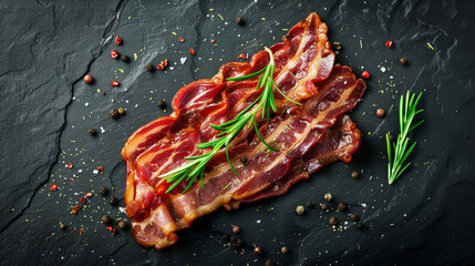 Bacon on a black background with rosemary and pepper
