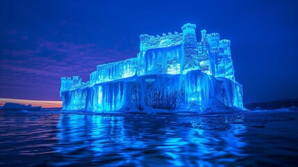 Cobalt Blue Iceberg Shaped Like a Majestic Castle in the Midnight Polar Region