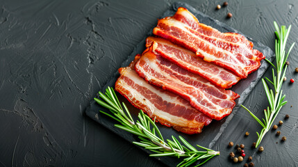 A plate of bacon garnished with fresh rosemary