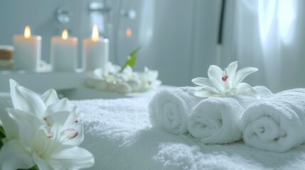 Spa background towel bathroom white luxury concept massage candle bath. Bathroom white wellness spa background towel relax aromatherapy flower accessory zen therapy aroma beauty setting table salt