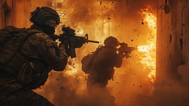 Photorealistic depiction of IDF inside close quarters combat Indoors Realistic Warfare Dramatic