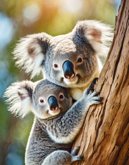 Fototapeta premium Koala in a tree with her baby joey up close.