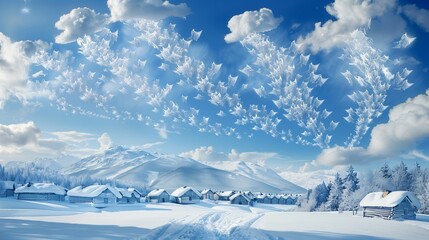 Cool Mint Nimbostratus Clouds Shaped Like a Choir of Angels Hovering Over a Snow-Covered Village