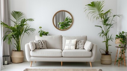 Interior of light living room with comfortable sofa, houseplants and mirror. AI Generative