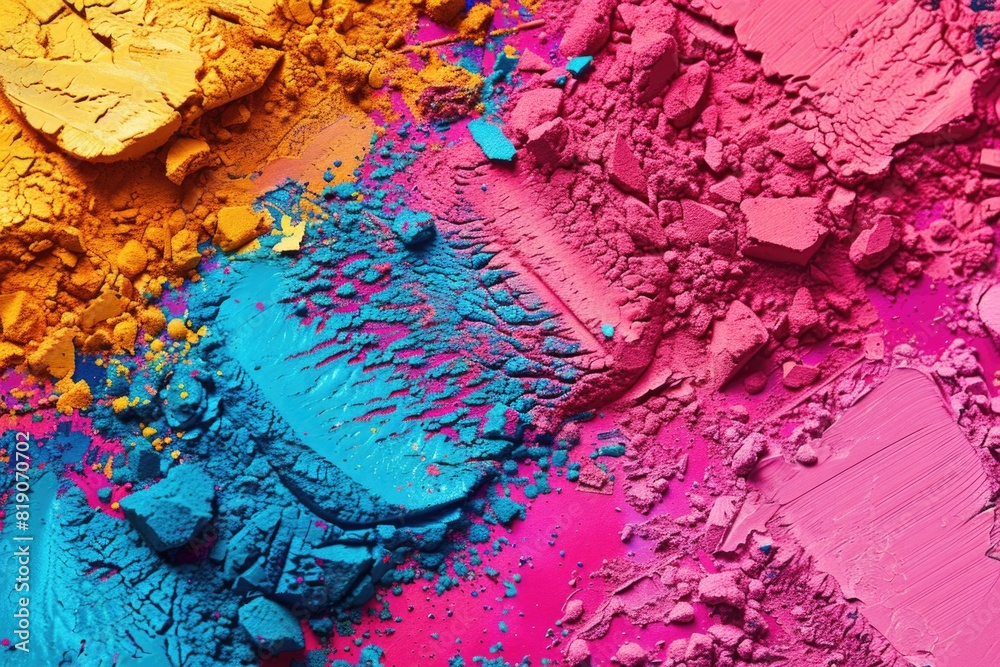 Poster close up shot of assorted colored powders, perfect for vibrant backgrounds or artistic projects