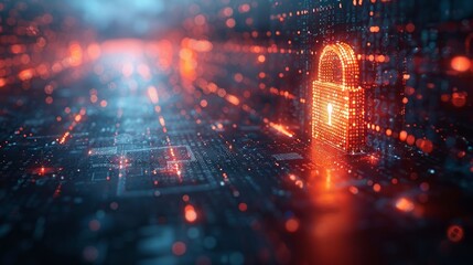 Fototapeta premium Digital lock icon on circuit board, representing cybersecurity and data protection