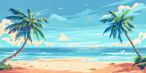 Naklejka premium Two palm trees painting on beach with blue sky