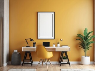home office interior background, blank poster frame, mid-century modern style in loft