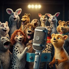 group of animals around the microphone in party 