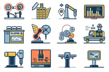 A variety of industrial machinery for different purposes. Suitable for industrial presentations and educational materials