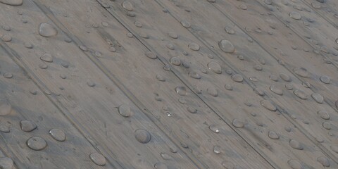 Water drops on a wooden floor. Rain drops. Wooden panels. 3D illustration.