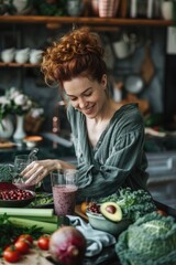 Woman preparing healthy smoothie in kitchen, suitable for lifestyle and nutrition concepts