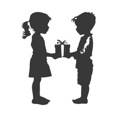 silhouette little girl and little boy couple exchange gift box black color only