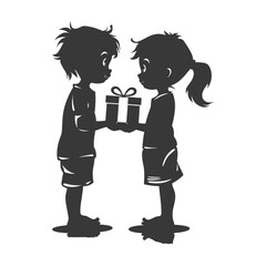 silhouette little girl and little boy couple exchange gift box black color only