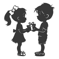 silhouette little girl and little boy couple exchange gift box black color only