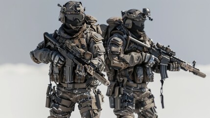 Elite special Operation military soldiers equipped with battle armor and a advanced assault rifle. 3d rendering