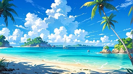 Tropical islands Lagoons landscape, beach ocean clouds Anime illustration, anime background, vibrant, glowing, cinematic
