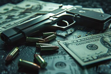 A gun and cash money on a wooden table. Suitable for crime or financial concepts