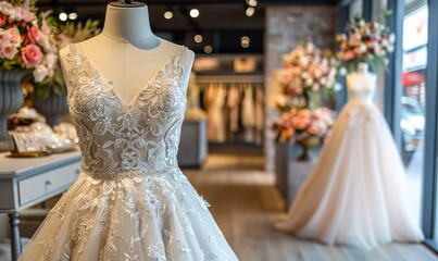 Wedding dress is on display in bridal shop.