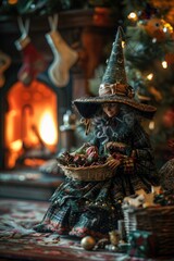 Fototapeta premium A doll dressed as a witch sitting in front of a Christmas tree. Perfect for holiday and Halloween themed projects