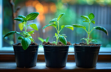 Fototapeta premium Three small basil plants are growing in black pots on windowsill.