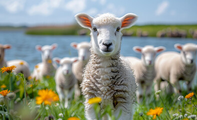 Obraz premium Curious sheep looking at the camera in spring