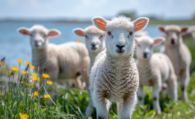 Lamb stands in field of grass and flowers looking at the camera.