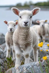 Cute lambs standing on rock in field